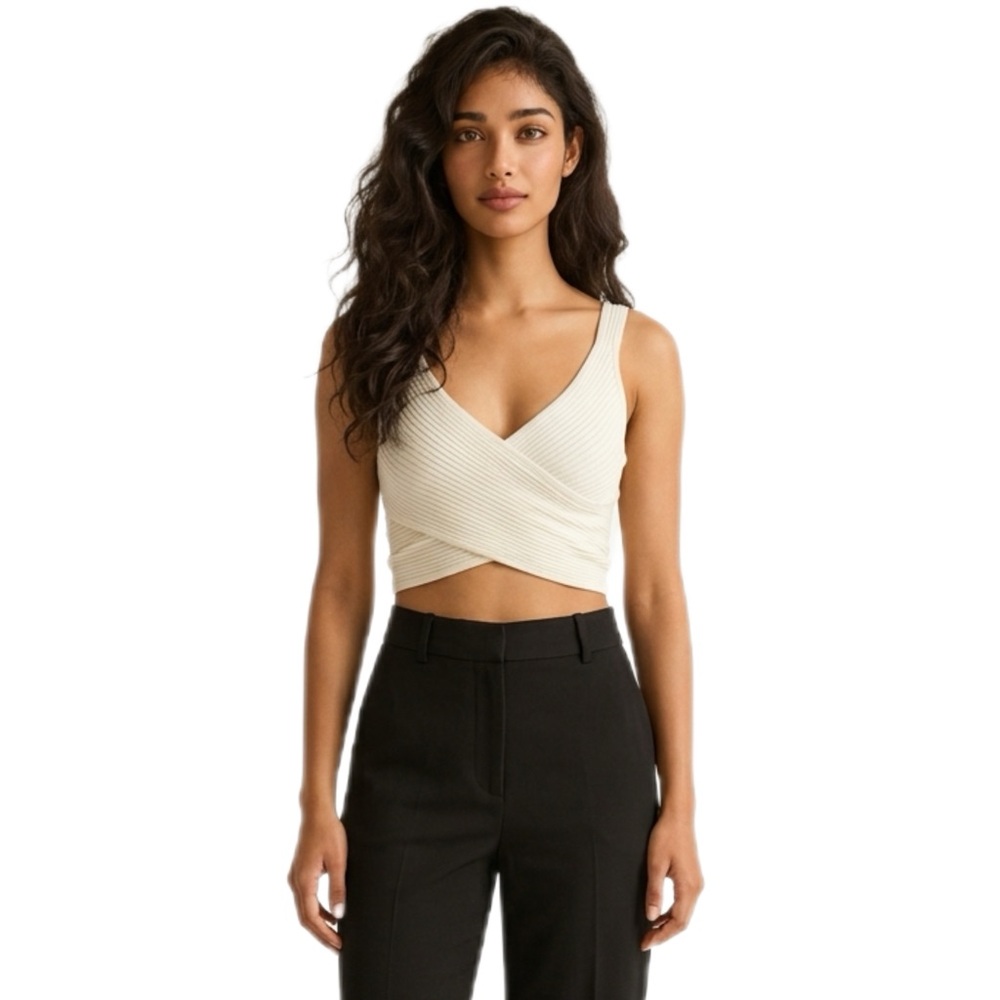 SIGNIFICANT OTHER Ribbed Wrap V-Neck Crop Tank Top in Cream